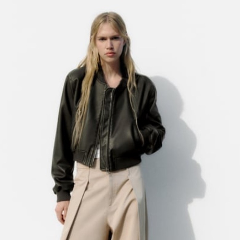 Zara Cropped Leather Bomber Jacket